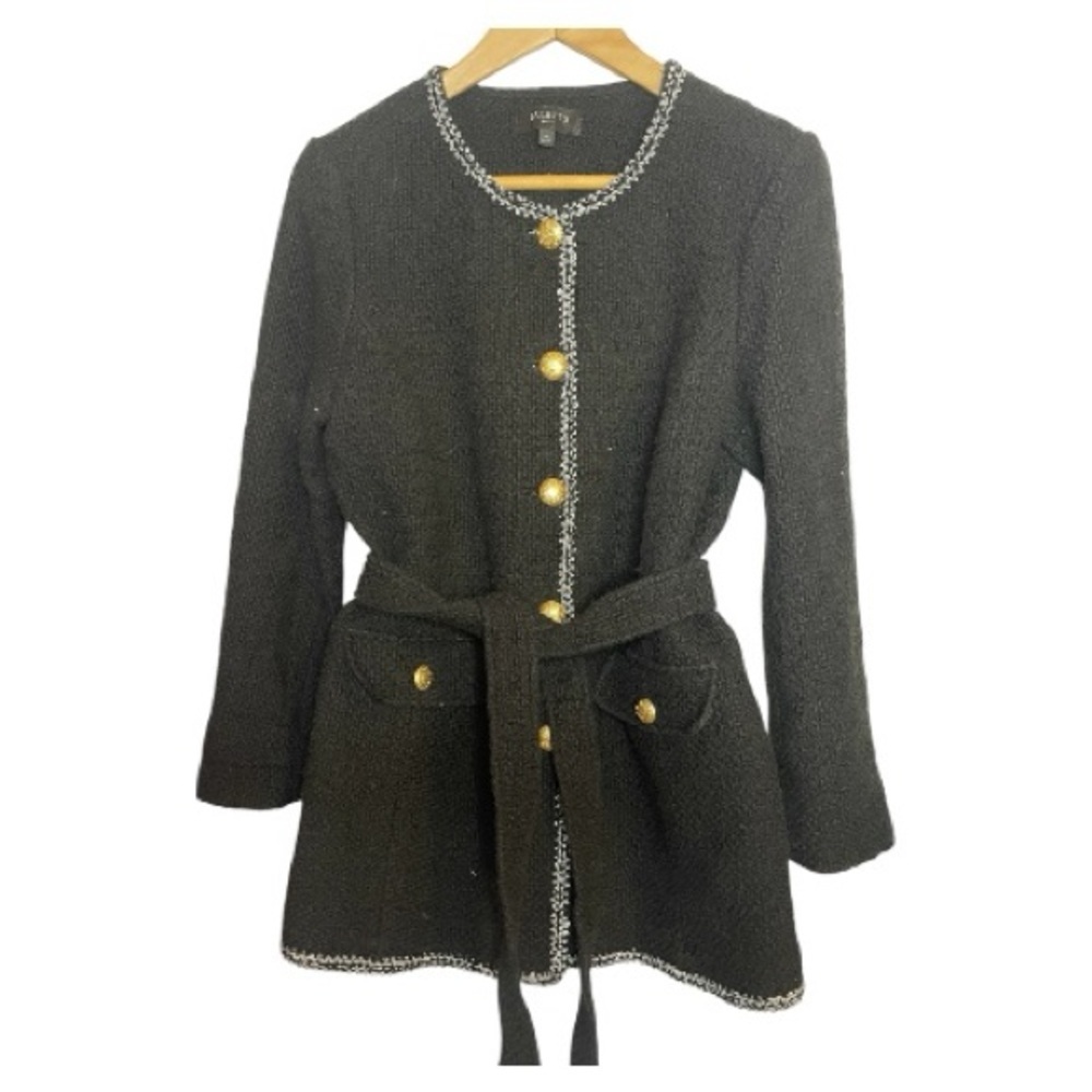 Talbots l Petite Black Bouclé Jacket Blazer Gold Buttons Tie Waist l 12P